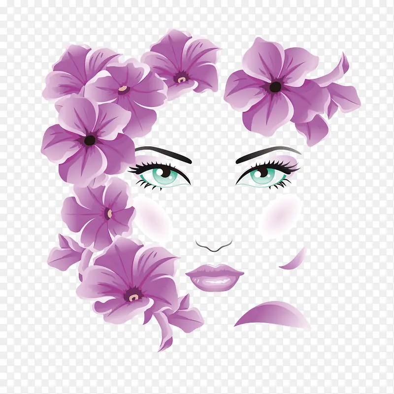 矢量紫色花朵环绕纹绣美女