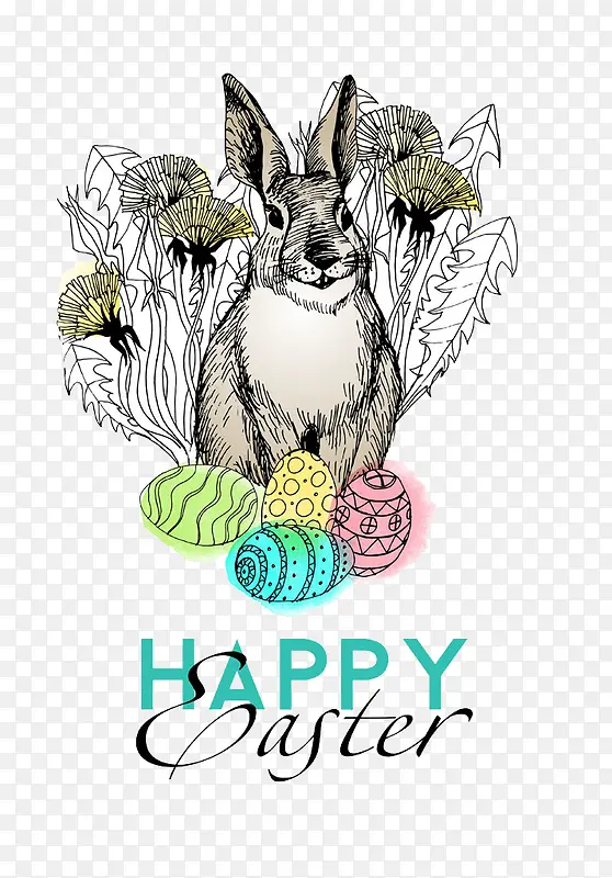 花卉彩蛋与兔子插画图片