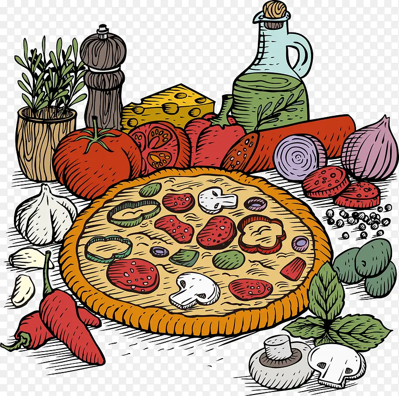 手绘披萨蔬菜材料图案