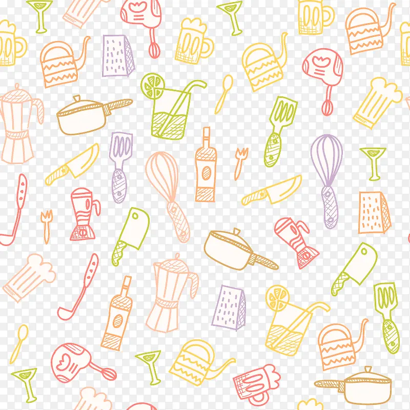 彩绘厨房用品无缝背景矢量图