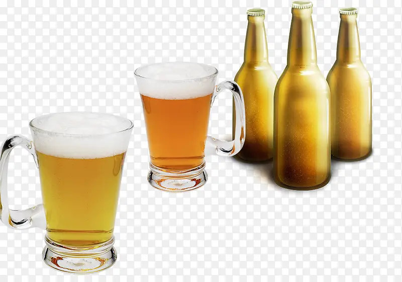 香醇的杯装啤酒和金色啤酒瓶