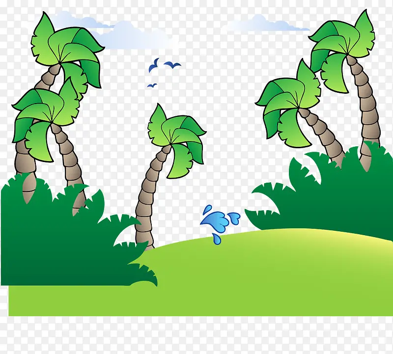 卡通夏天草地大椰子树