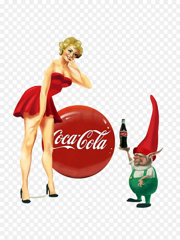 性感红衣女郎与拿着可乐的红帽矮