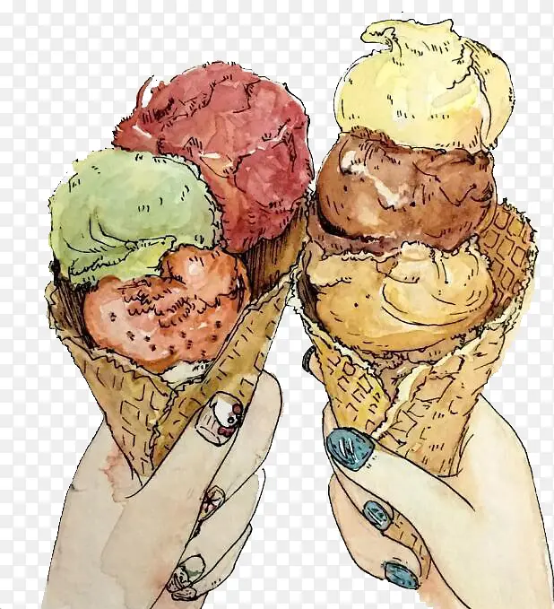 手绘插画夏日手拿冰淇淋的双手