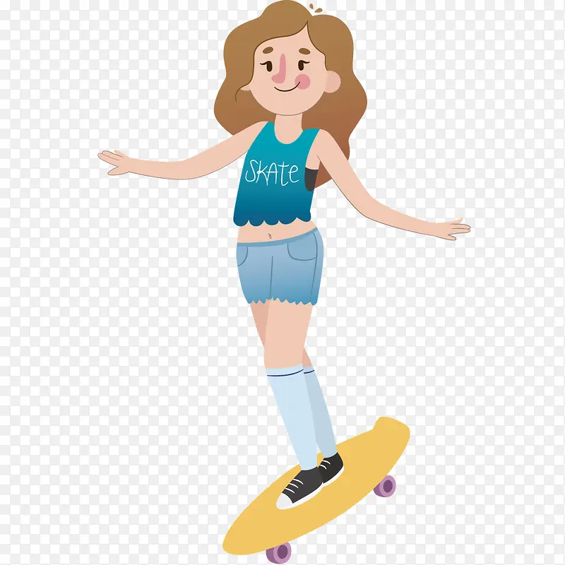 快乐滑板的长发女孩