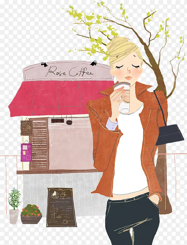 手绘插图女孩边走边喝咖啡