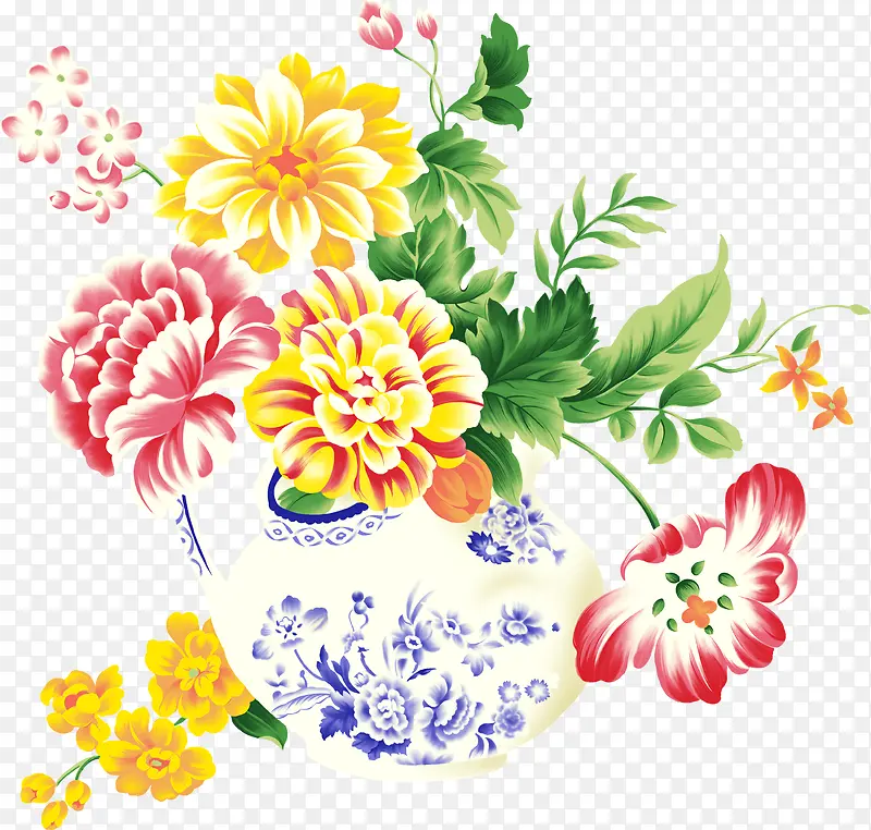 手绘彩色花朵花盆青花瓷