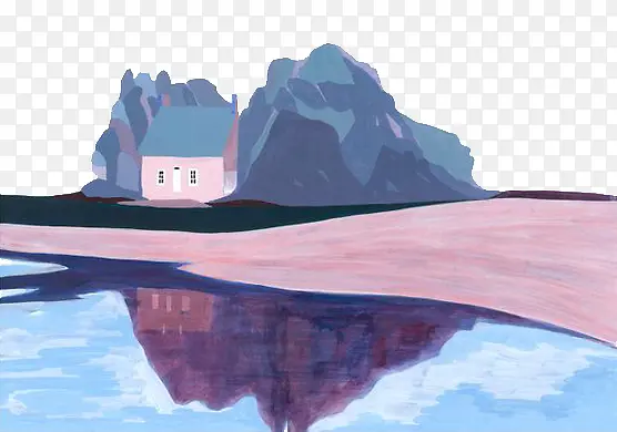 手绘山水边的房子