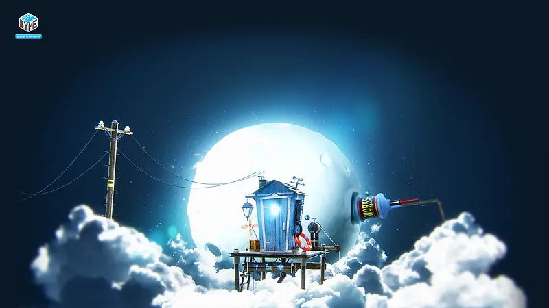 梦幻夜空月亮云层上的小木屋海报背景