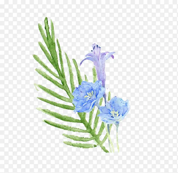 蓝色水彩花朵绿叶装饰图案