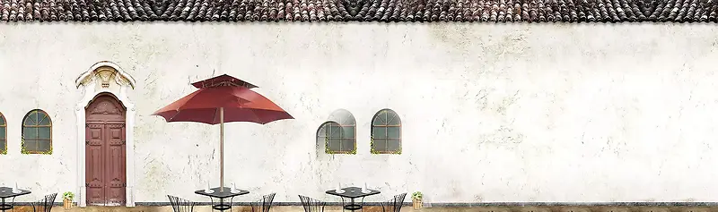 复古文艺墙面户外浪漫咖啡厅桌椅太阳伞