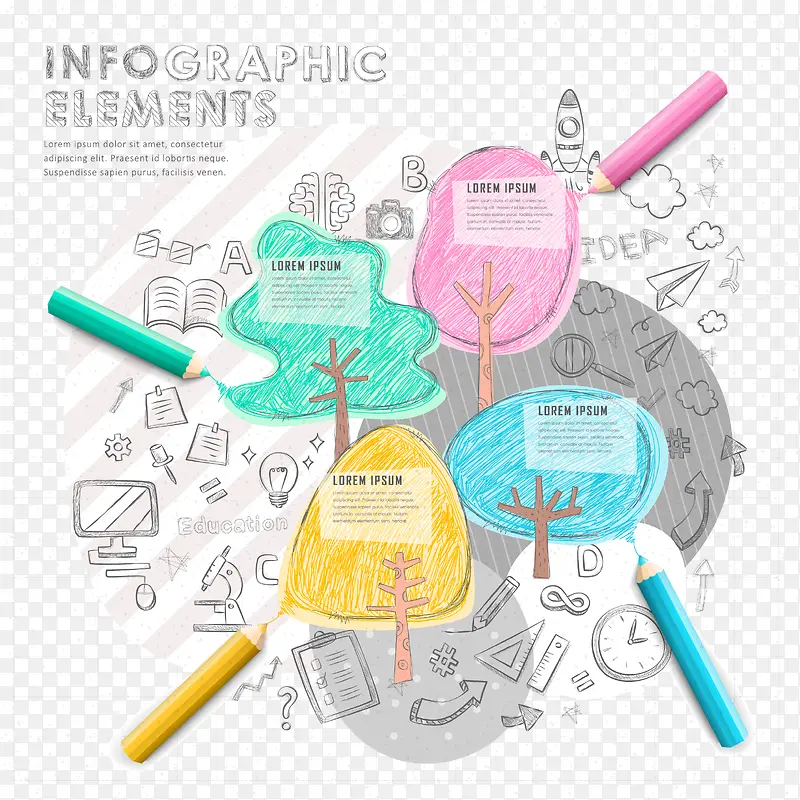 彩色铅笔画教育信息图矢量素材,
