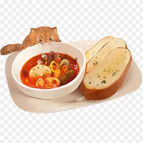 面包和蛤蜊汤手绘画素材图片