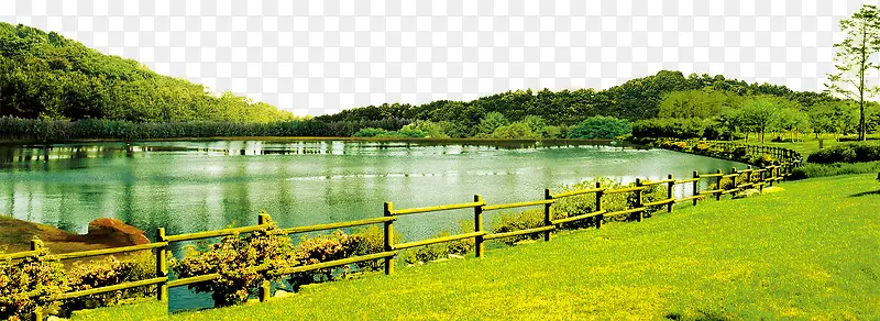 绿色山林湖泊草地栏杆