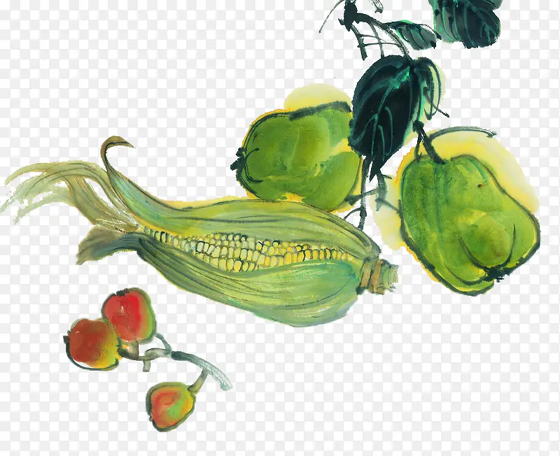 佛手瓜玉米和樱桃静物画