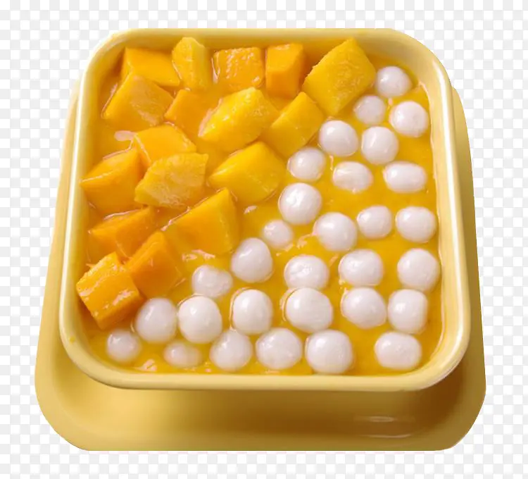 方形碗里的芒果和小丸子拼盘