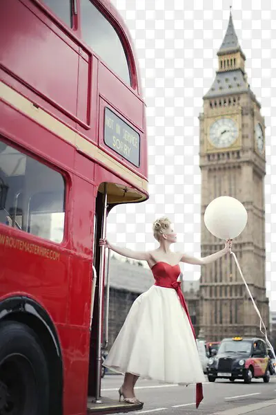 英国伦敦大本钟红色巴士与美女