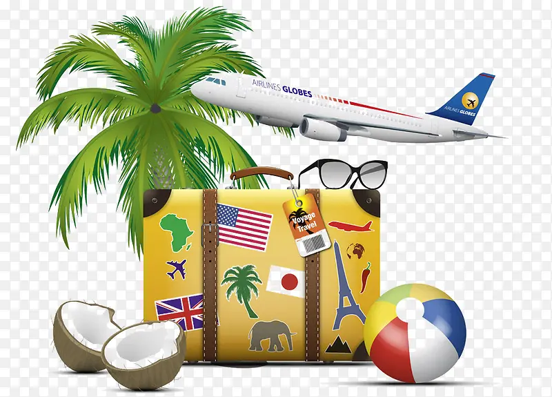 飞机行李箱椰树椰子皮球