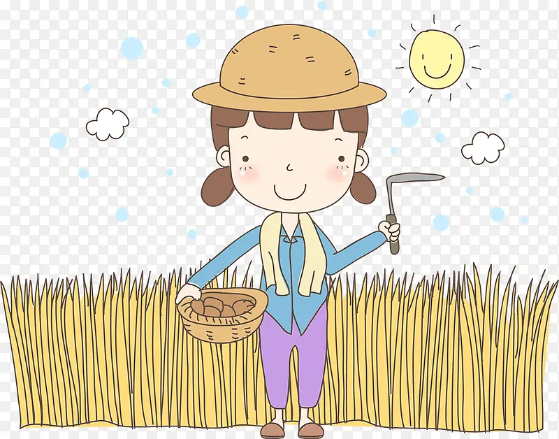 卡通人物插图割麦子的农村妇女