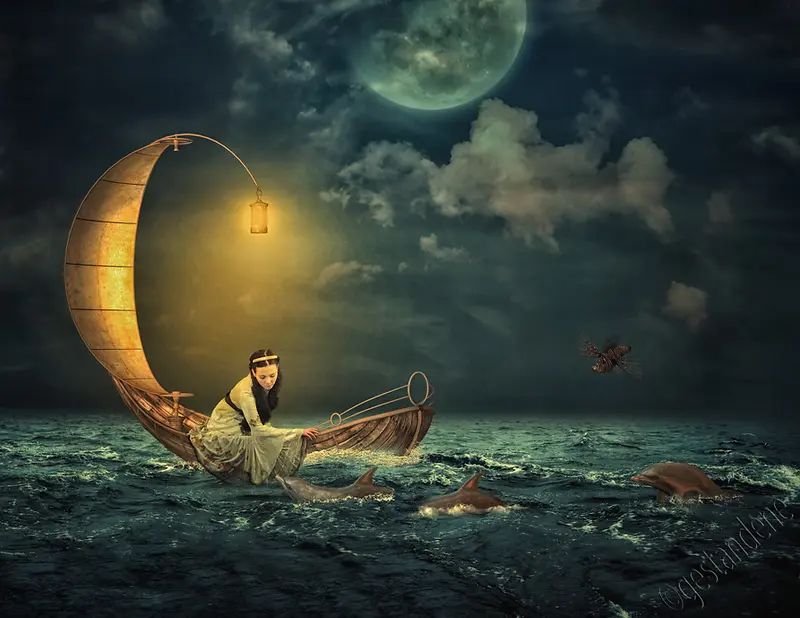 童话风意境海上美女海豚海上夜景
