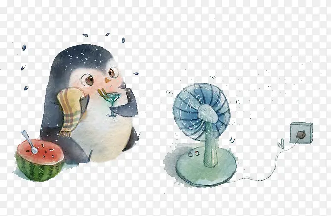 企鹅吃西瓜吹风扇插画