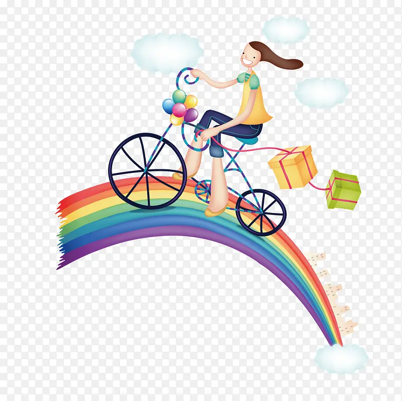 在彩虹上骑自行车带着礼物的女孩