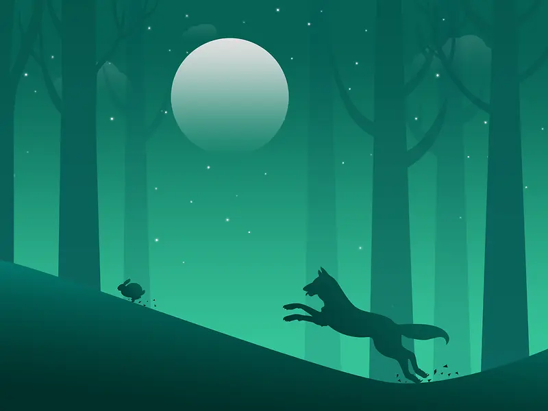 夜晚森林狼卡通绿色海报背景
