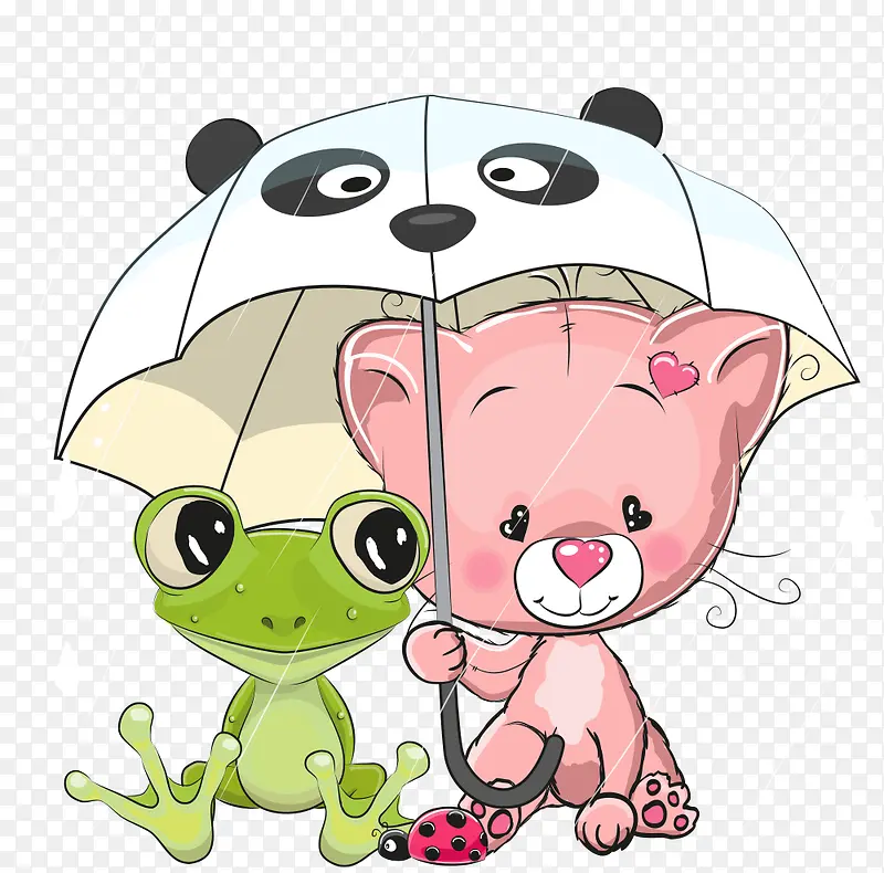 雨伞下的矢量小猫和青蛙