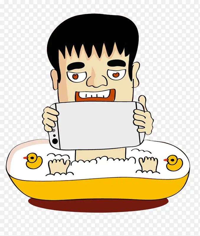 扁平动漫人物拿着手机在洗澡