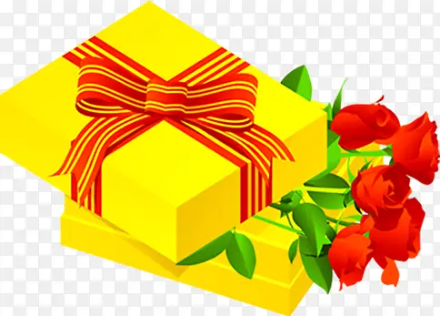 黄色的礼物盒与玫瑰花
