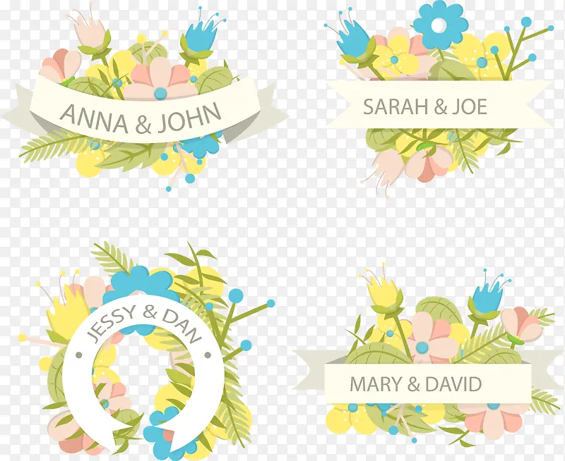 4款彩色婚礼花卉标签矢量