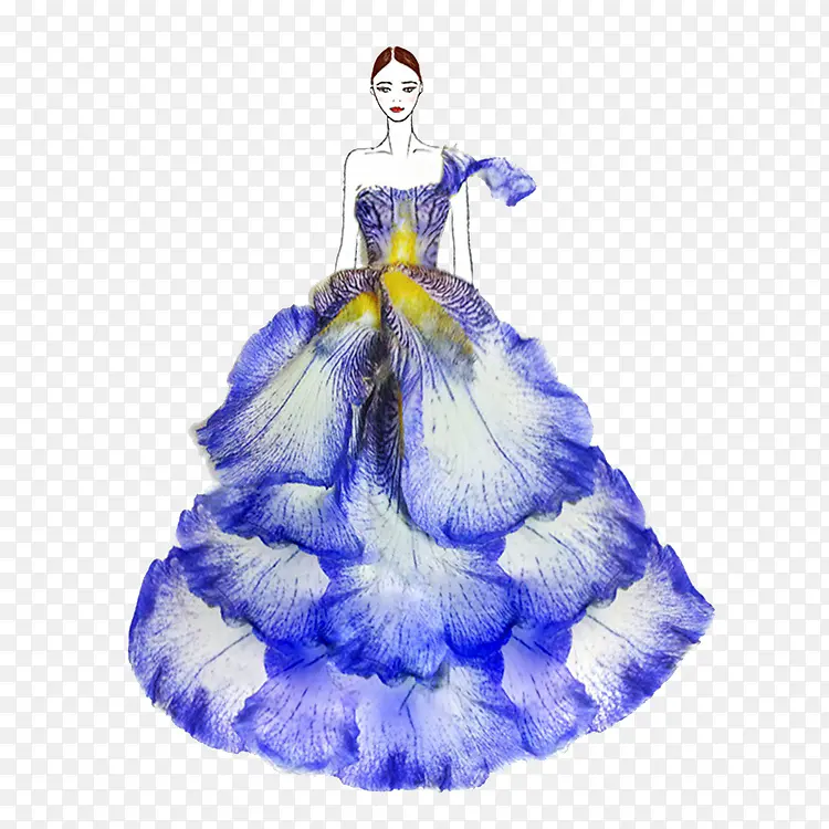 蓝色花瓣长裙设计