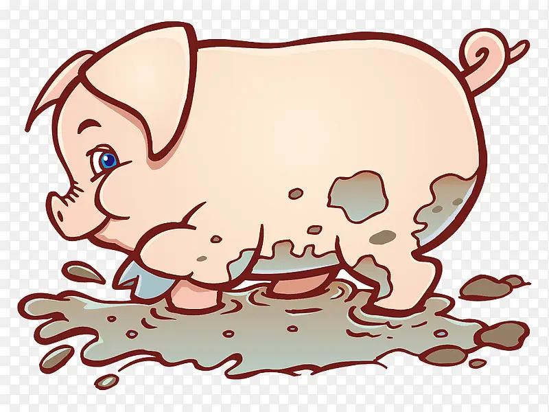 可爱卡通小猪污泥中爬行