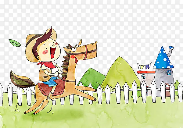 儿童卡通高兴的骑马的插图