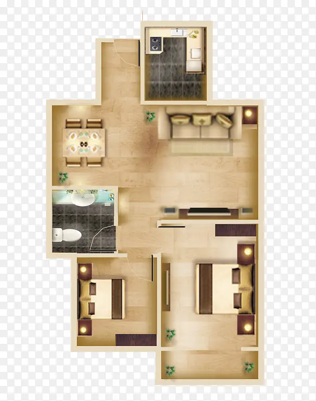 家装效果图木地板三房两厅户型图