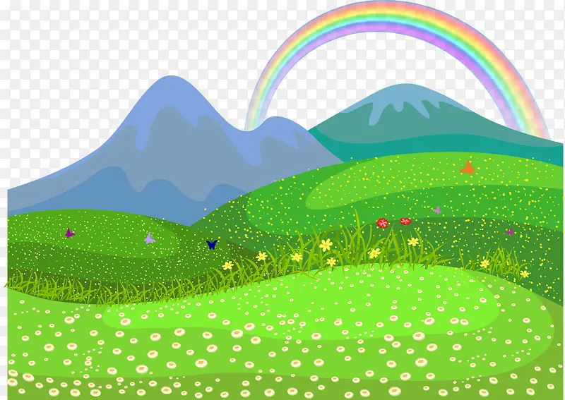 彩虹山坡长满野花背景矢量图