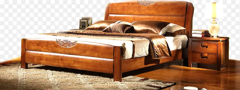 棕色实木床地板床头柜素材