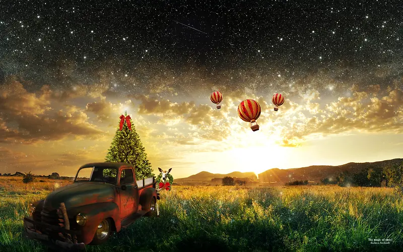 夜景汽车热气球天空背景