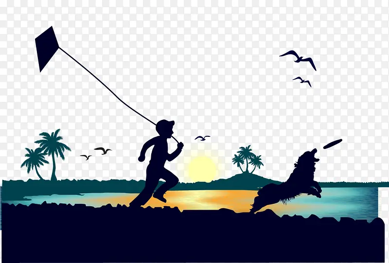 黑色扁平海边风筝少年