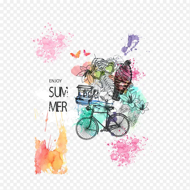 手绘 水彩 涂鸦 夏日 自行车