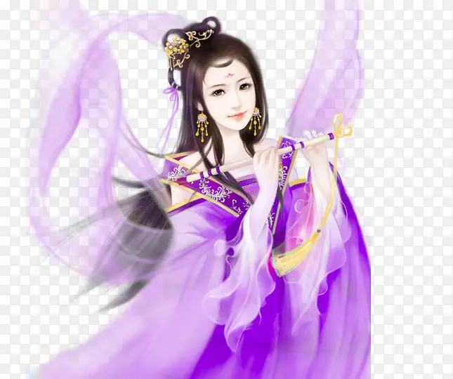 紫衣吹笛仙女古风手绘