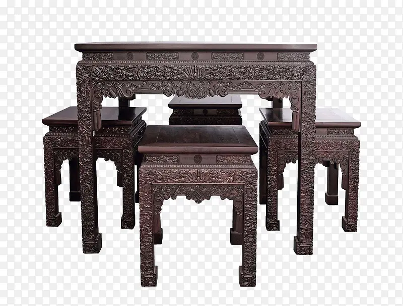 复古雕花黑酸枝方桌方椅五件套