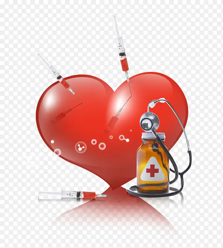 红色心形前的药瓶和听诊器