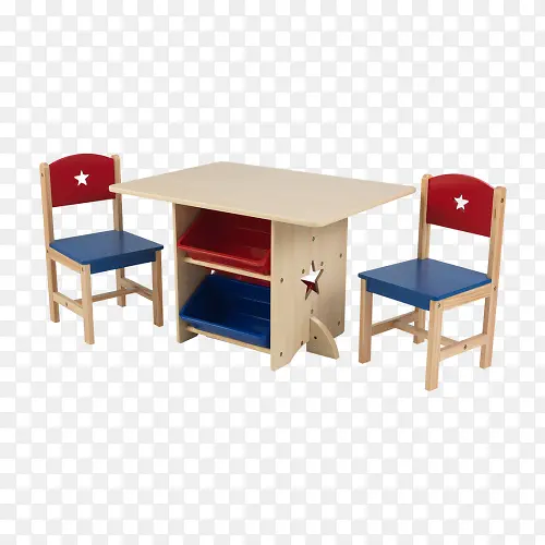 实物红蓝色木质儿童桌椅免抠