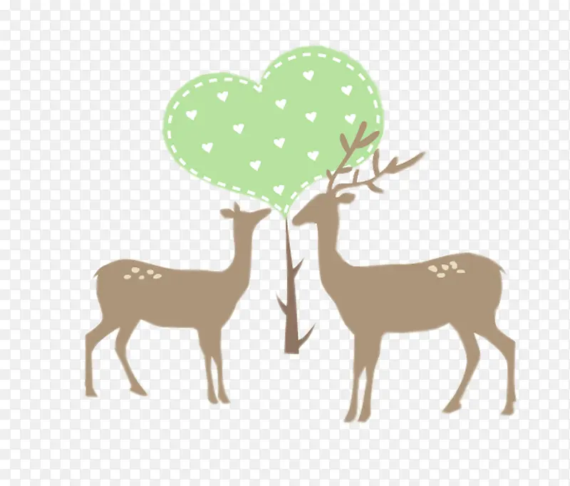 绿色心形树下的两只小鹿