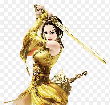 金色裙子御剑美女古风手绘
