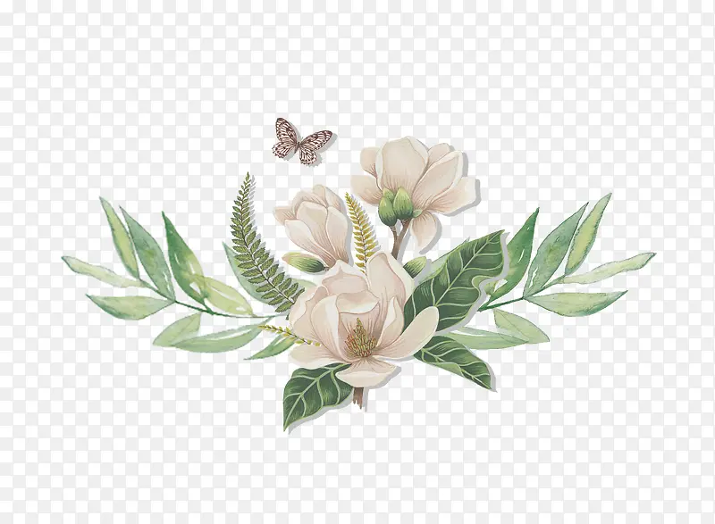 手绘纯白花朵与树叶装饰