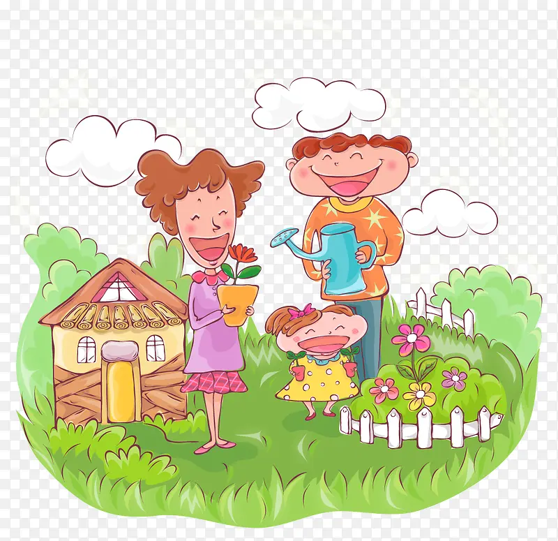 卡通插图一家人在草地上