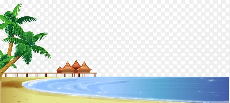 矢量彩色卡通海边沙滩椰树风景