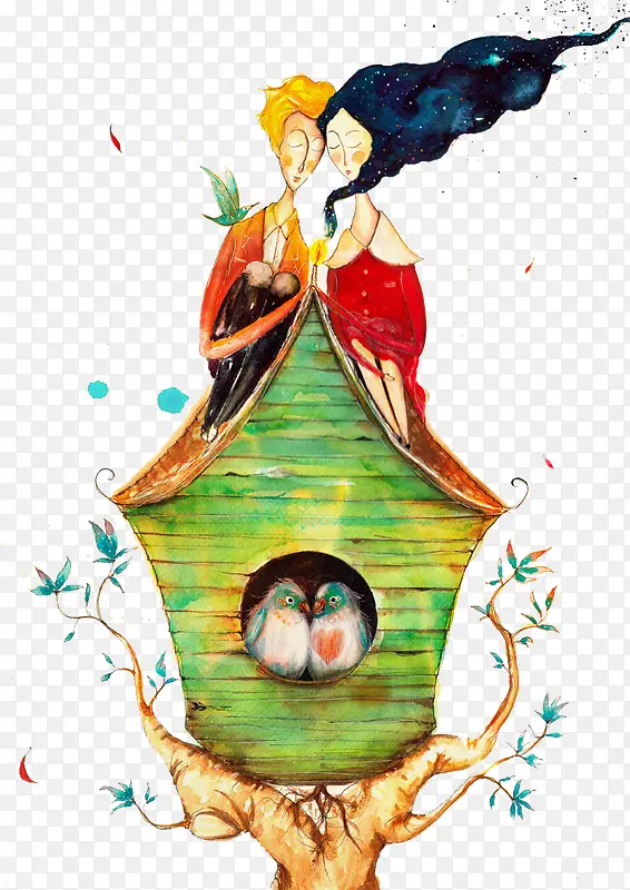 手绘蹲在鸟房子上的男女图